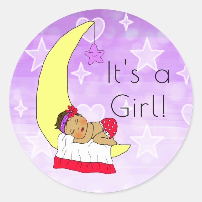 Adesivo Redondo É uma Menina, Bebê Menina na Lua Roxa Étnico (Frente)