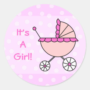 Adesivo Redondo É uma menina! Carruagem de bebê cor-de-rosa