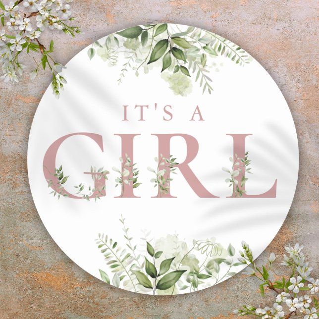 Adesivo Redondo É uma menina Rosa Poeira Verdejante Floral Chá de  (Its A Girl Dusty Rose Greenery Floral Baby Shower Classic Round Sticker)