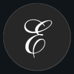 Adesivo Redondo E Vinhetas de monograma<br><div class="desc">Estes adesivos preto e branco apresentam um elegante monograma E cursivo. Excelente para favores de casamento,  etc!</div>