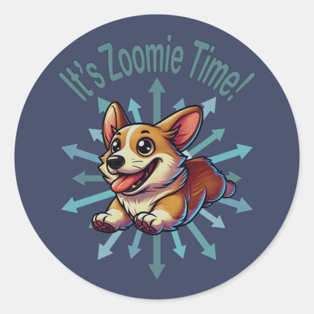 Adesivo Redondo É Zoomie Time Corgi (Frente)