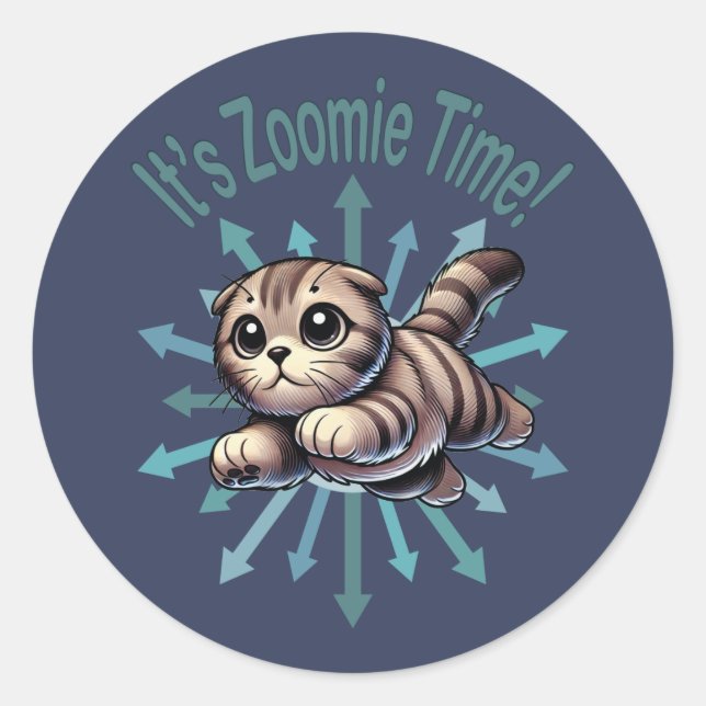 Adesivo Redondo É Zoomie Time Scottish Fold Cat (Frente)