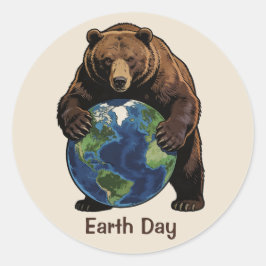 Adesivo Redondo Earth Day Bear Hugging Planet Design