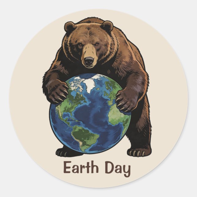 Adesivo Redondo Earth Day Bear Hugging Planet Design (Frente)