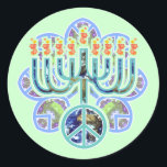 Adesivo Redondo Earth Peace Menorah Stickers<br><div class="desc">Menorah com símbolo de paz em padrão terrestre. Design Chanukah.</div>