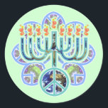 Adesivo Redondo Earth Peace Menorah Stickers<br><div class="desc">Menorah com símbolo de paz em padrão terrestre. Design Chanukah.</div>