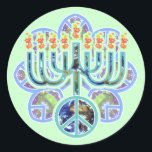Adesivo Redondo Earth Peace Menorah Stickers<br><div class="desc">Menorah com símbolo de paz em padrão terrestre. Design Chanukah.</div>