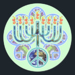 Adesivo Redondo Earth Peace Menorah Stickers<br><div class="desc">Menorah com símbolo de paz em padrão terrestre. Design Chanukah.</div>