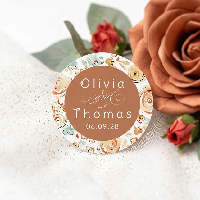 Adesivo Redondo Earthy Floral Whimsical Elegant Fall Wedding (Whimsical Earthy Wedding Stickers with couples names)