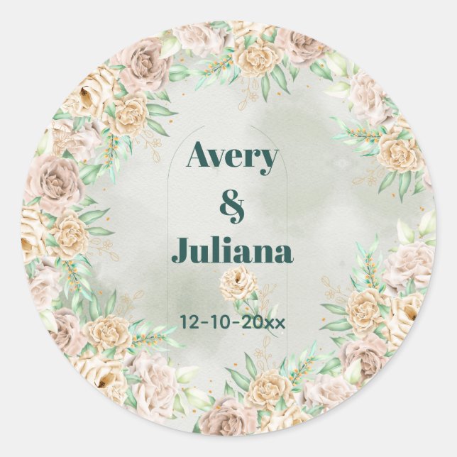 Adesivo Redondo Earthy Shades Flowers Boho Elegant Sage Green (Frente)