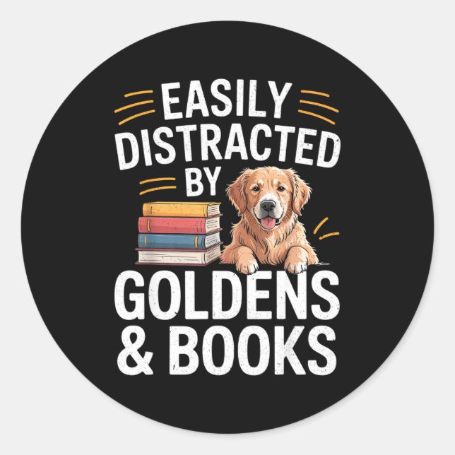 Adesivo Redondo Easily Distracted By Goldens &amp; Books - Golden  (Frente)