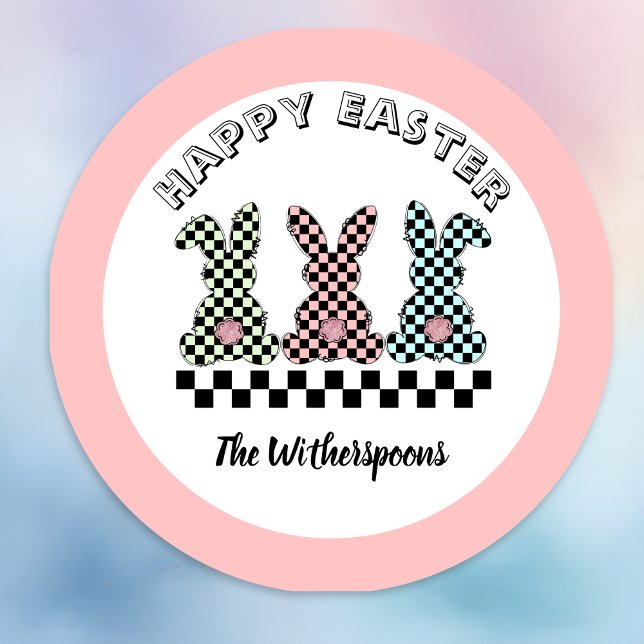 Adesivo Redondo Easter Bunny Checkerboard Pink Green Teal Monogram (Criador carregado)