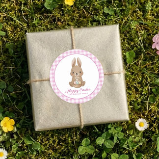 Adesivo Redondo Easter Bunny Pink Watercolor Gingham