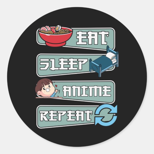 Adesivo Redondo Eat Sleep Anime Repeat Japanese | Kawaii Design (Frente)