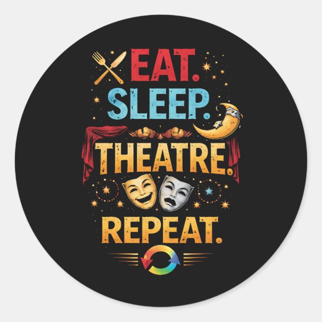 Adesivo Redondo Eat, Sleep, Theatre, Repeat (Frente)