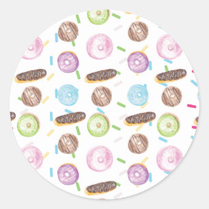 Adesivo Redondo Eclairs Donuts Divertidos Aquarela Doce Fantasia