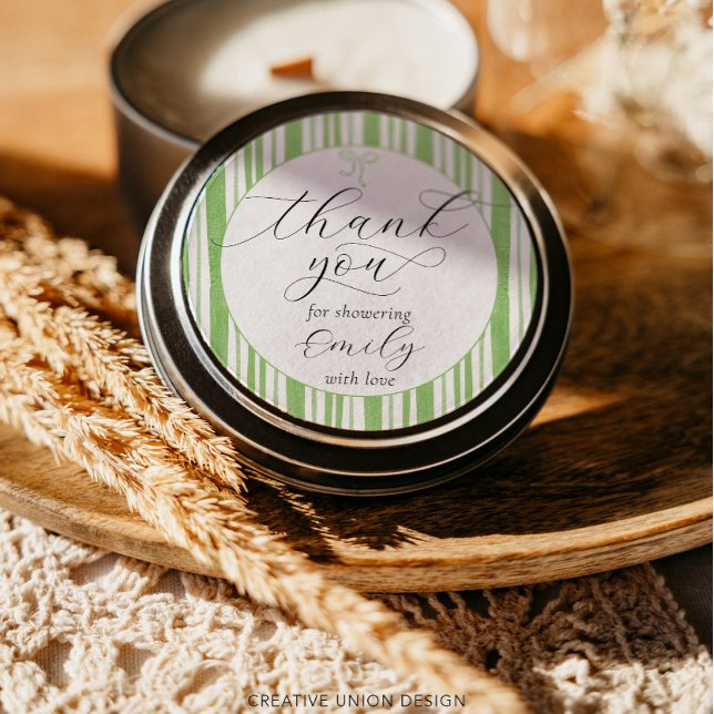 Adesivo Redondo Eclectic Strips Green Chá de fraldas Obrigado (Criador carregado)