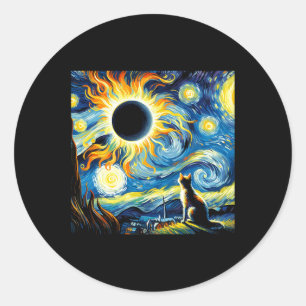 Adesivo Redondo Eclipse Solar Total 2024 Van Gogh Starry Night Cat
