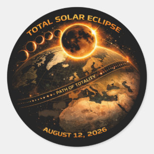 Adesivo Redondo Eclipse Solar Total 2026 Caminho da Totalidade