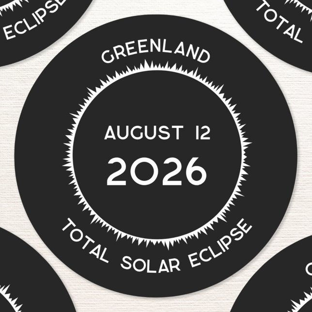 Adesivo Redondo Eclipse Solar Total 2026 Gronelândia (Total Solar Eclipse August 12 2026 Greenland custom text sticker)