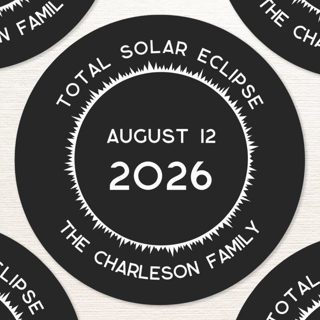 Adesivo Redondo Eclipse Solar Total 2026 Personalizado (Total Solar Eclipse August 12 2026 Greenland Iceland Spain personalized custom text name sticker)