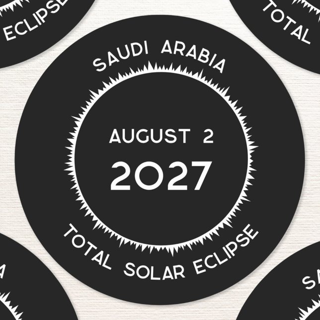 Adesivo Redondo Eclipse Solar Total 2027 Arábia Saudita (Total solar eclipse August 2nd 2027 Saudi Arabia custom text sticker)