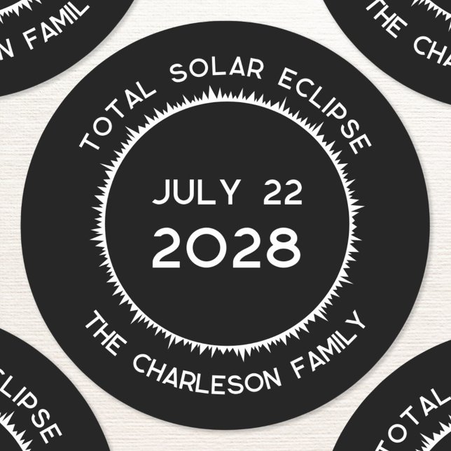 Adesivo Redondo Eclipse Solar Total 2028 Personalizado (Total solar eclipse July 22nd 2028 Australia New Zealand custom text personalized name sticker)