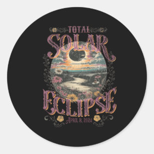 Adesivo Redondo Eclipse Solar Total Abril 8 2024 Flores Vintage A