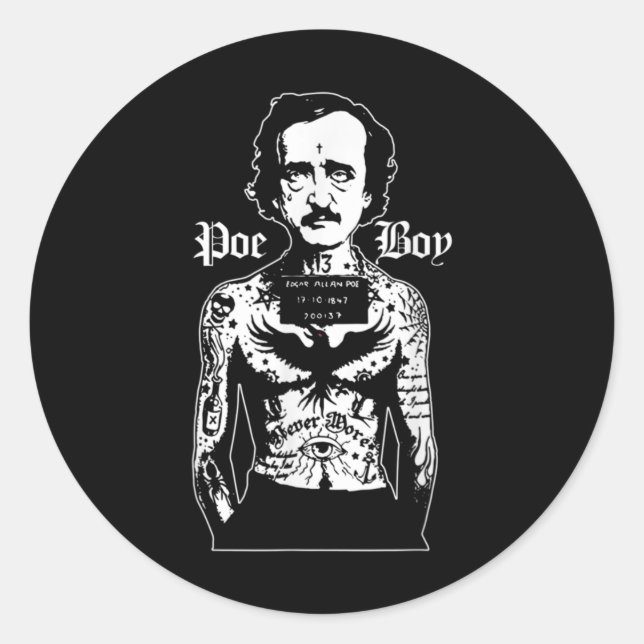 Adesivo Redondo Edgar Allan Poe Clássico Horror Engraçado w Raven (Frente)