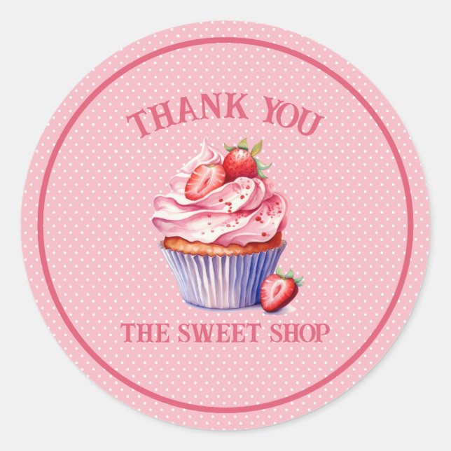 Adesivo Redondo Editable Pink Cupcake Sticker – Custom Bakery (Frente)