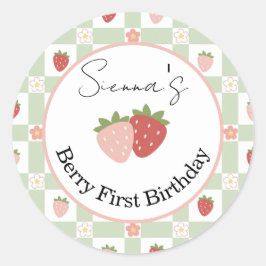 Adesivo Redondo Editable Strawberry Gingham 1st Birthday Favor