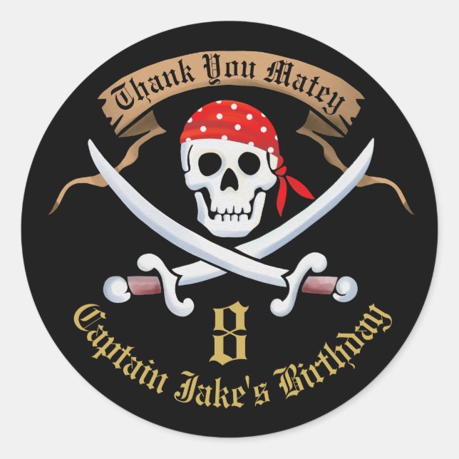 Adesivo Redondo Editável Obrigado A Favorecer Jolly Roger Pirate (Frente)