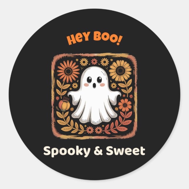 Adesivo Redondo Ei, Boo Ghost Retro Halloween Spooky, Fofo (Frente)