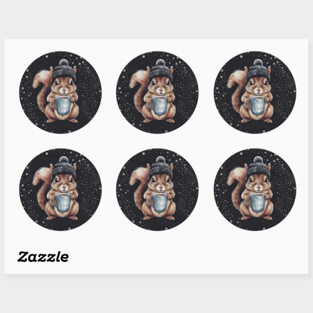 Adesivo Redondo Eichhörnchen mit Tasse und Schnee „Stay Warm“ (Folha)