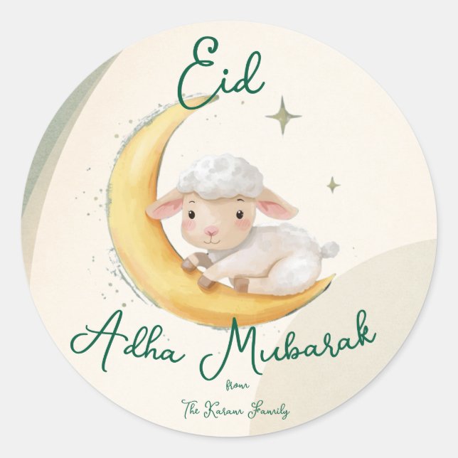 Adesivo Redondo Eid  Al Adha dusty Green cute Sheep Dinner  (Frente)