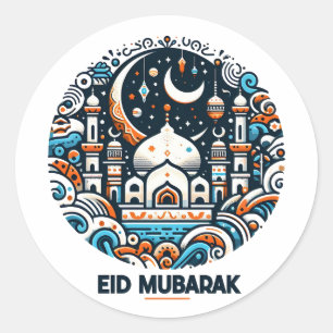 Adesivo Redondo Eid Mubarak Decorre Crescente Colorida Arte Mesqui