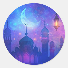 Adesivo Redondo Eid Mubarak Magic Nights Árabe Cores Crescentes