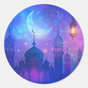 Adesivo Redondo Eid Mubarak Magic Nights Árabe Cores Crescentes