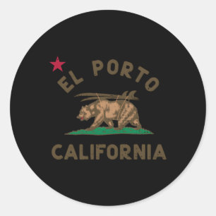 Adesivo Redondo El Porto California Flag Bear Surf Ca
