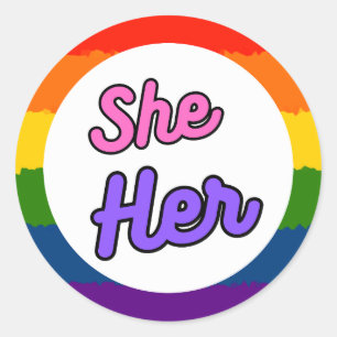 Adesivo Redondo Ela Seu Orgulho Rainbow Prounoun Stickers