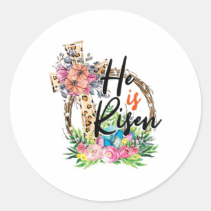 Adesivo Redondo Ele É Risen Cruzando Jesus Páscoa Cristãos Leopard