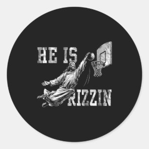 Adesivo Redondo Ele É Rizzin Engraçado Meme Cristão de Basquete Pá