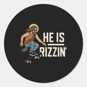 Adesivo Redondo Ele É Rizzin Meme Skater Jesus, Camisa Cristã Engr