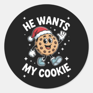 Adesivo Redondo Ele Quer Meu Chapéu de Natal de Biscoito de Natal