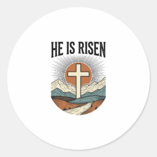 Adesivo Redondo Ele Ressuscitou Cruz Nascer do Sol Camiseta Cristã