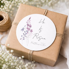 Adesivo Redondo Ele Ressuscitou Roxo Floral Script Religioso Pásco