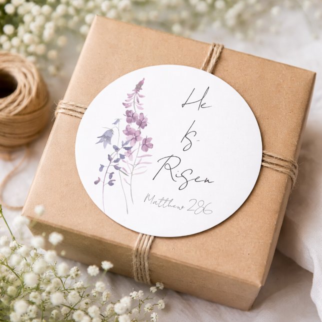 Adesivo Redondo Ele Ressuscitou Roxo Floral Script Religioso Pásco (Criador carregado)