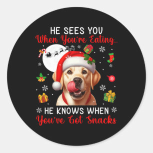 Adesivo Redondo Ele vê quando você come lanches Xmas Labrador Re