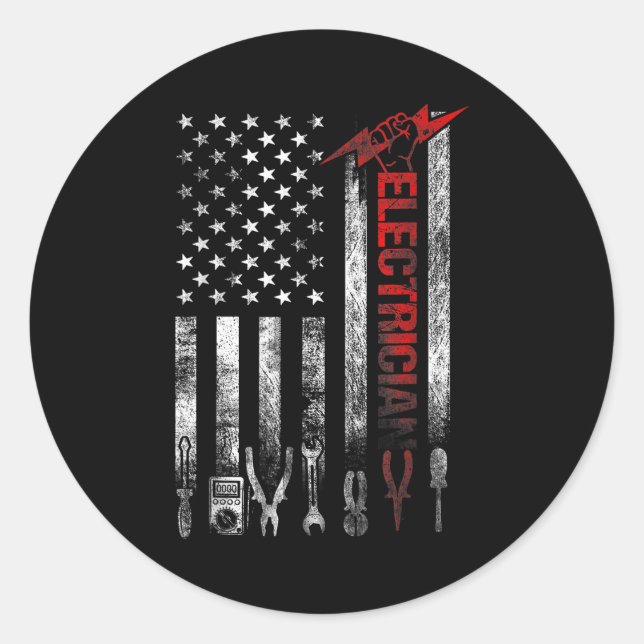 Adesivo Redondo Electrician American Flag Funny Electricians Tools (Frente)
