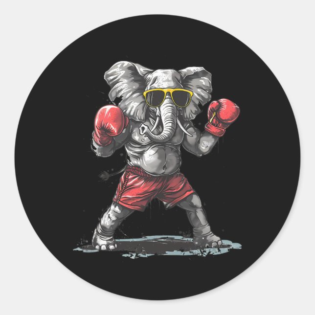 Adesivo Redondo Elefante Boxeando Com Luvas de Boxe Kickboxing Div (Frente)